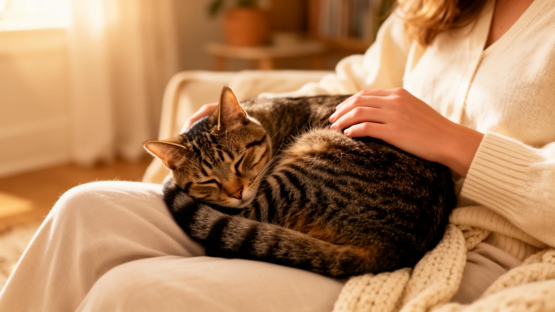 A tabby cat asleep on its owner's lap in warm window light