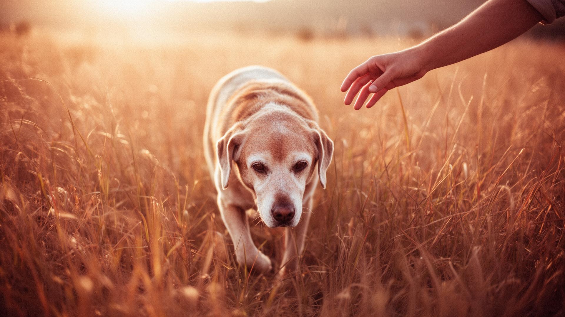 A senior labrador walking through golden grass toward an outstretched hand