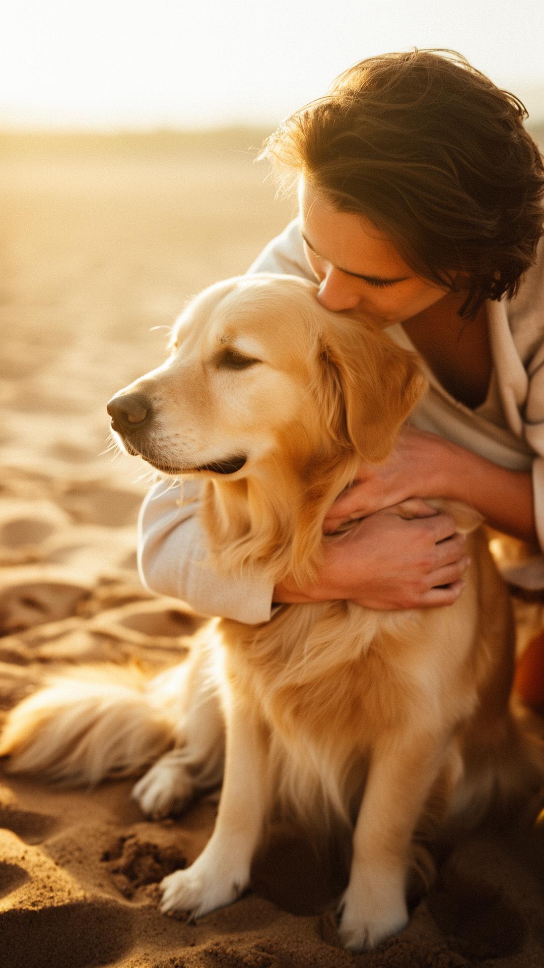 A person resting their forehead against their golden retriever in soft afternoon light
