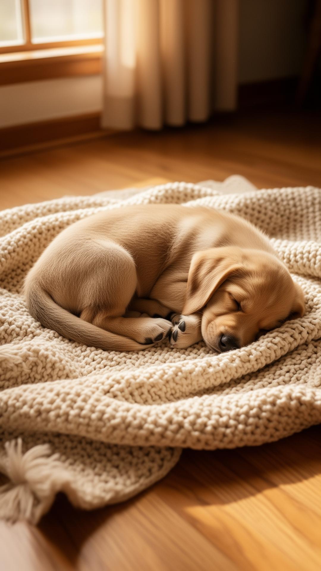 A puppy curled asleep on a knit blanket