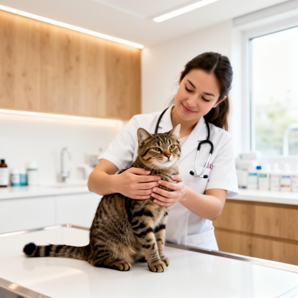 Veterinarian examining a calm tabby cat